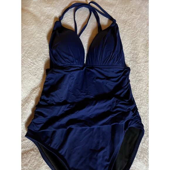 La Blanca Women's One Piece Size 6 Swimsuit Blue Low Cut Padded Gathered sides - Picture 2 of 7